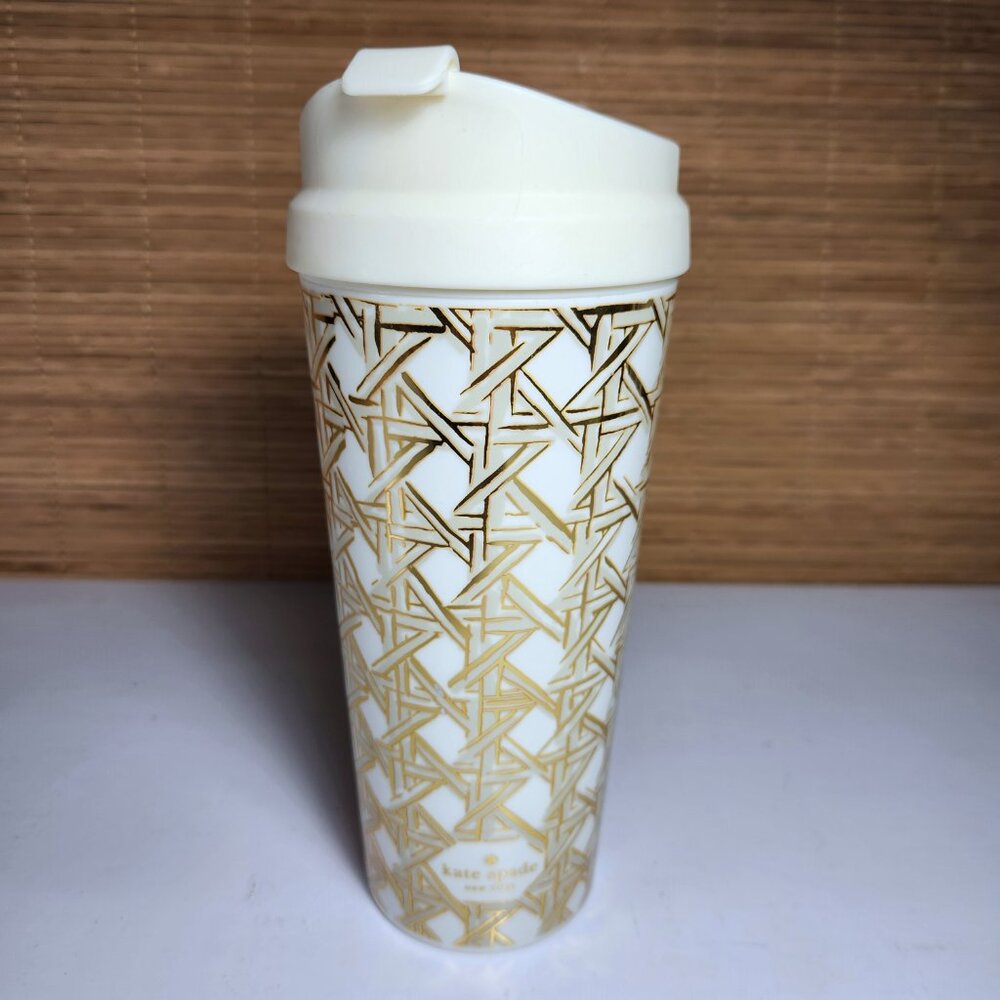 Kate Spade New York Tumbler Insulated Thermal Travel Mug 16oz Gold Basket Weave